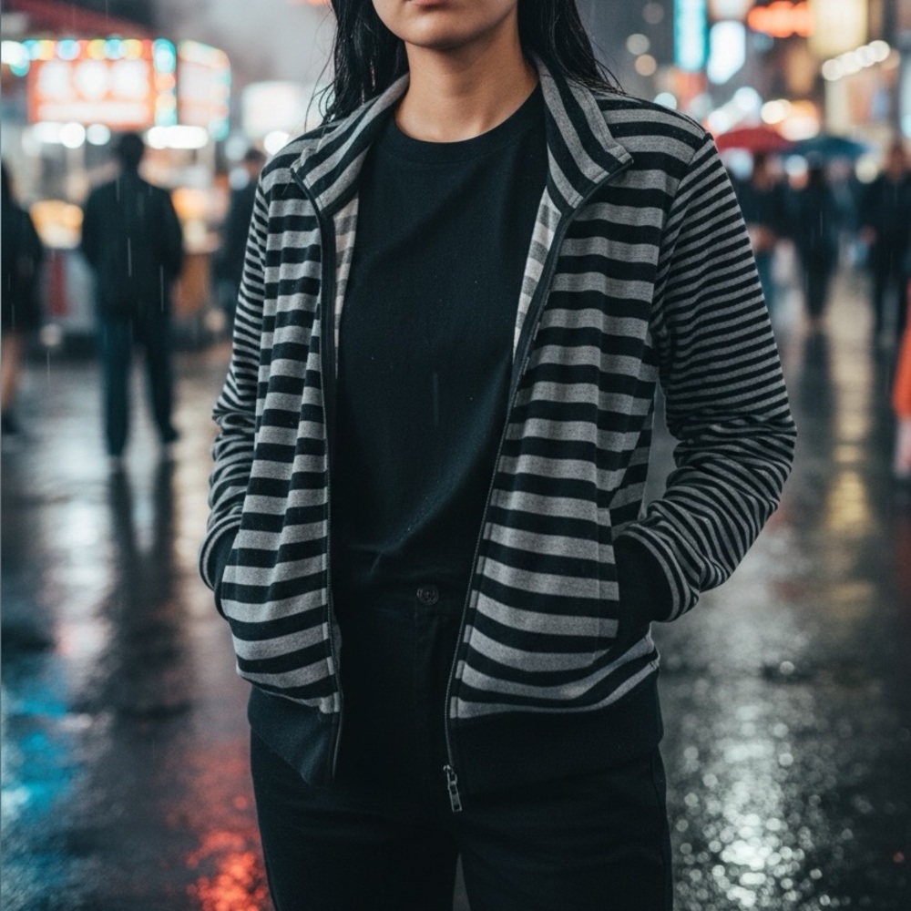 Onque Casuals Black and Gray Striped Top with Zip Up Closure & Pockets